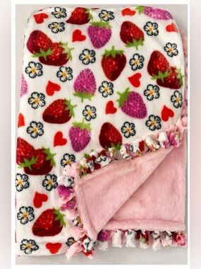 Homemade Strawberry Heart Plush Throw Blanket - Pink & White